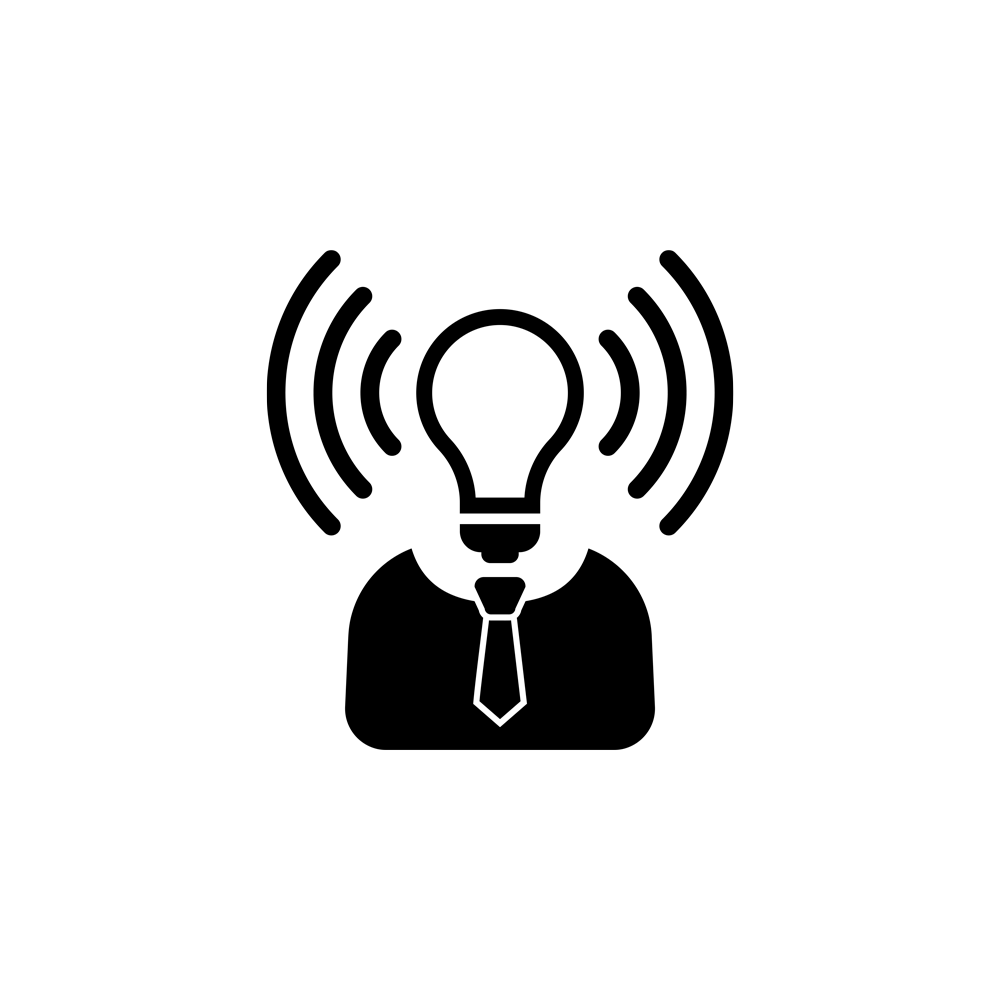 A Black and transparent icon is composed of a bulb radiating lines on top of a torso with a tie.